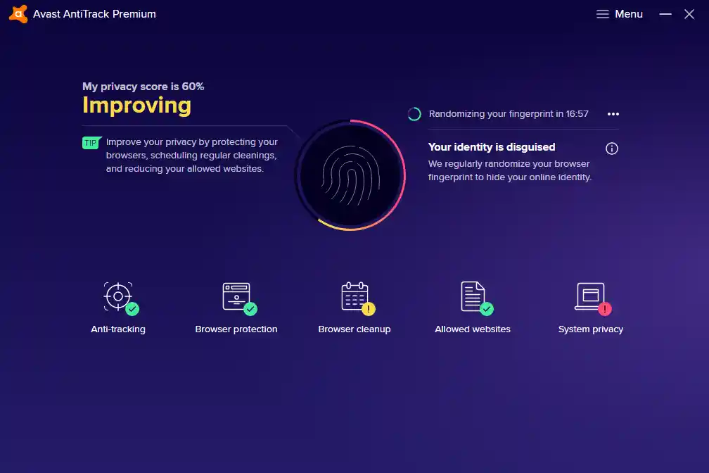 Avast AntiTrack dashboard showing tracking protection status