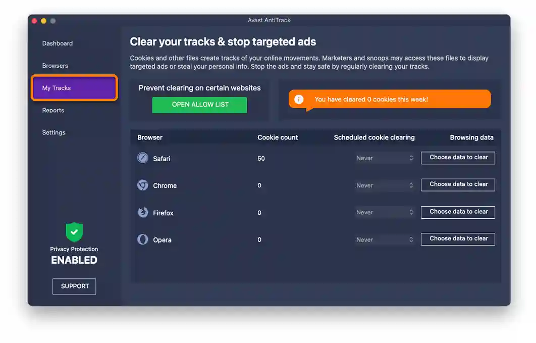 Avast AntiTrack for Mac showing blocked trackers list