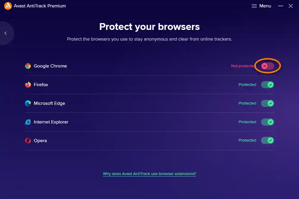 Avast AntiTrack for Windows dashboard showing tracking protection status