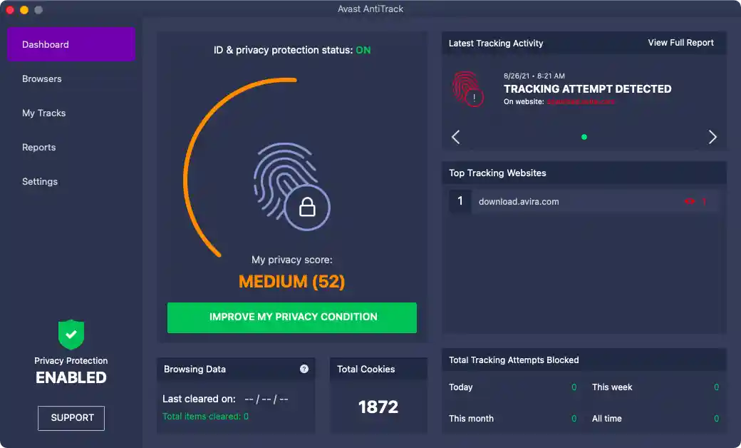Avast AntiTrack for Android showing blocked trackers list