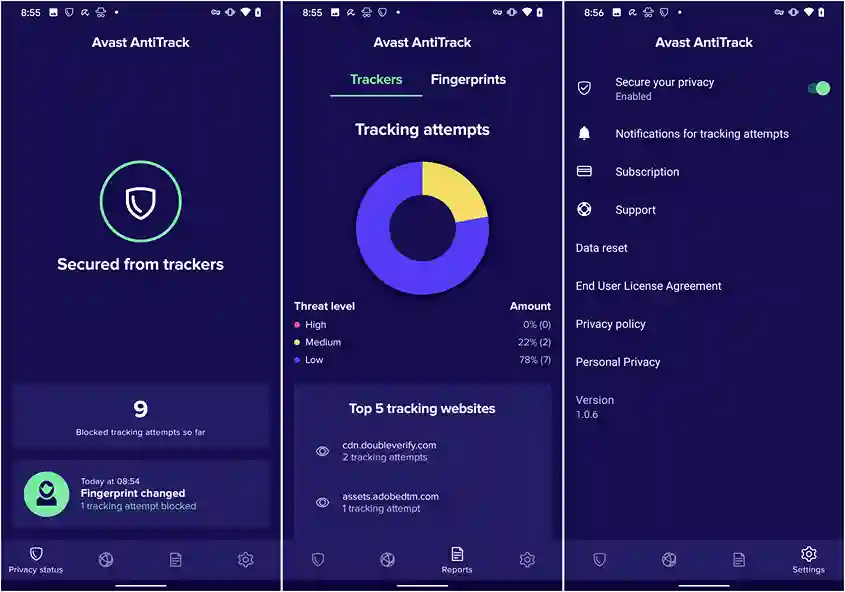 Avast AntiTrack for Android dashboard showing tracking protection status