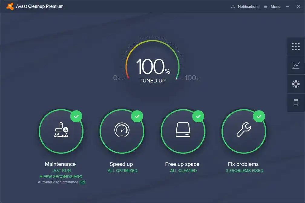 Avast Cleanup dashboard showing performance status