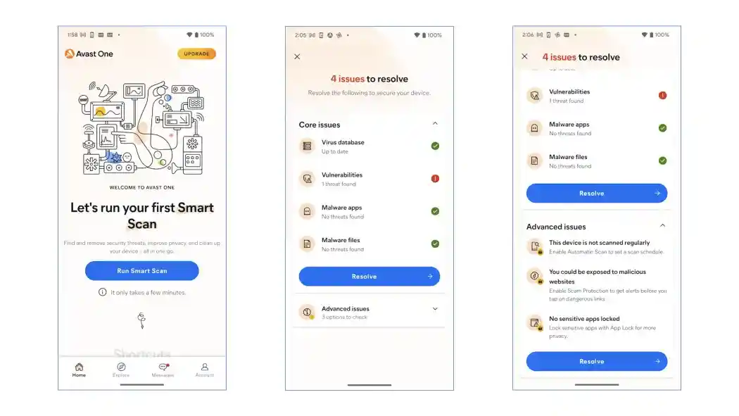 Avast One for Android dashboard showing security status