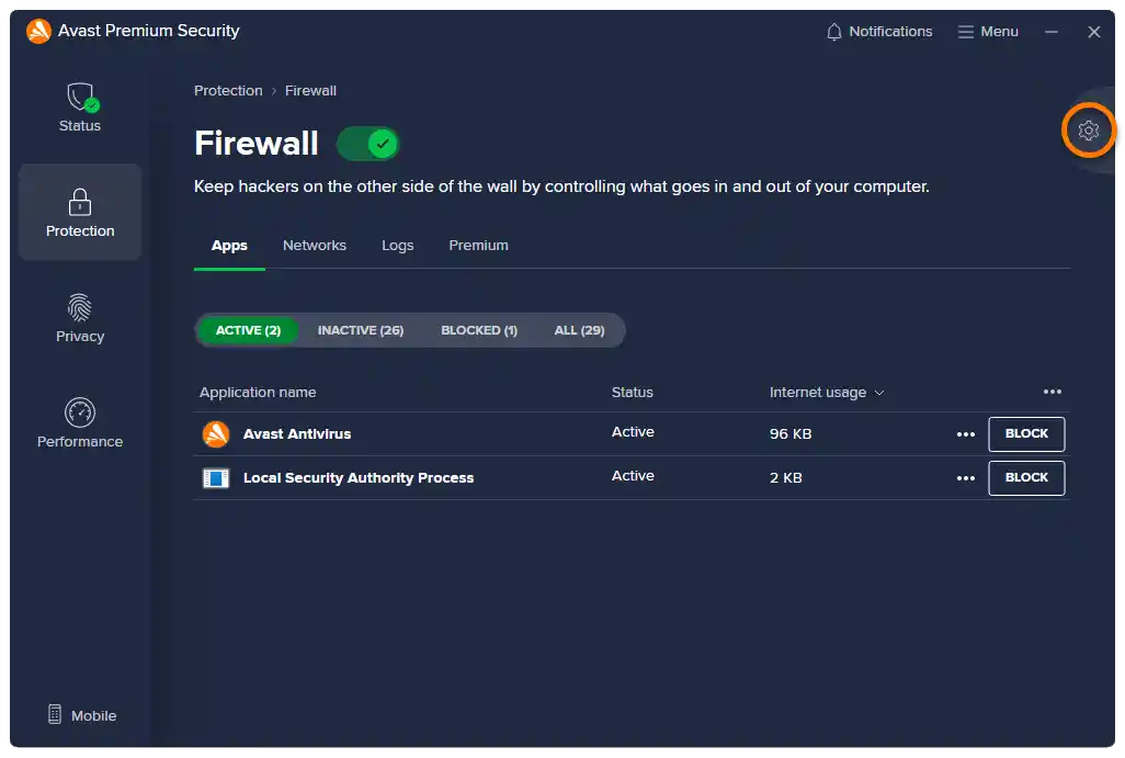 Avast Premium Security firewall settings