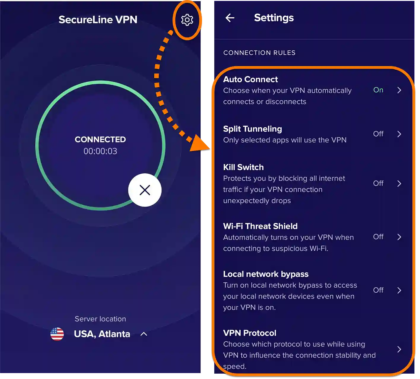 Avast SecureLine VPN for iOS dashboard showing connection status on iPhone