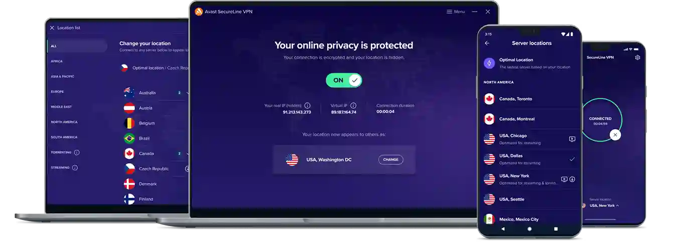 Avast SecureLine VPN dashboard showing connection status
